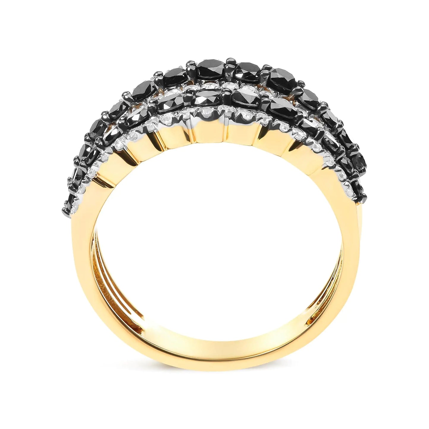 14K Yellow Gold Plated .925 Sterling Silver 1 3/4 Cttw Treated Black and White Alternating Diamond Multi Row Band Ring (Black / I-J Color, I2-I3 Clarity)