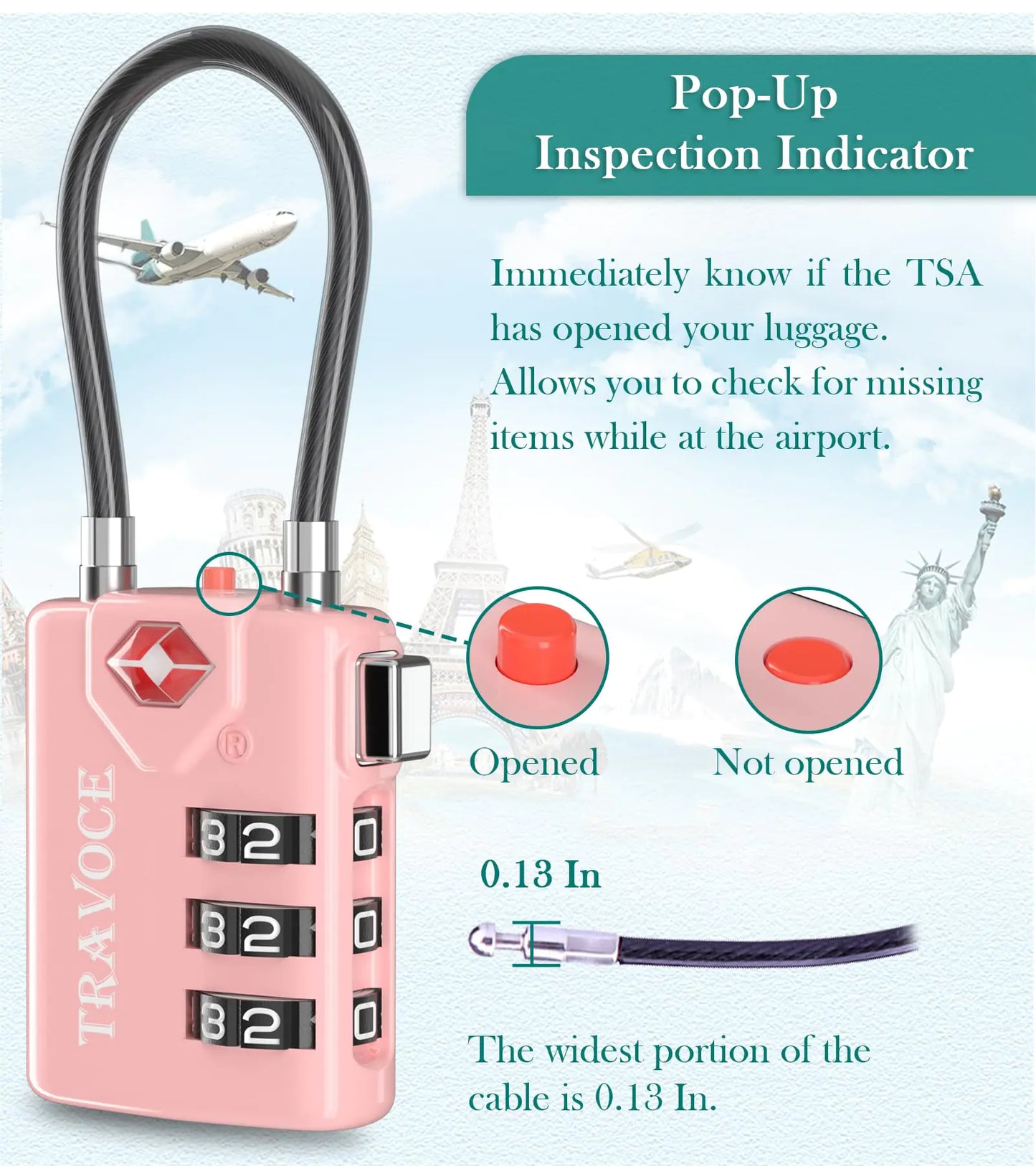 Search Alert TSA Approved Travel Combination Luggage Cable Locks for Suitcase, Gym Locker,Toolbox,Backpack 1,2,4,6 &10 pk Pink 2 Pack