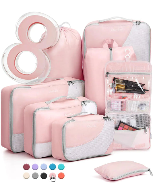 8 Set Packing Cubes for Travel, Sturdy Suitcase Organizer in 4 Sizes (Extra Large, Large, Medium, Small), OlarHike Luggage Cubes with Toiletry Bag, Travel Essentials, Cruise Ship Gifts for Women, Pink 04-Pink