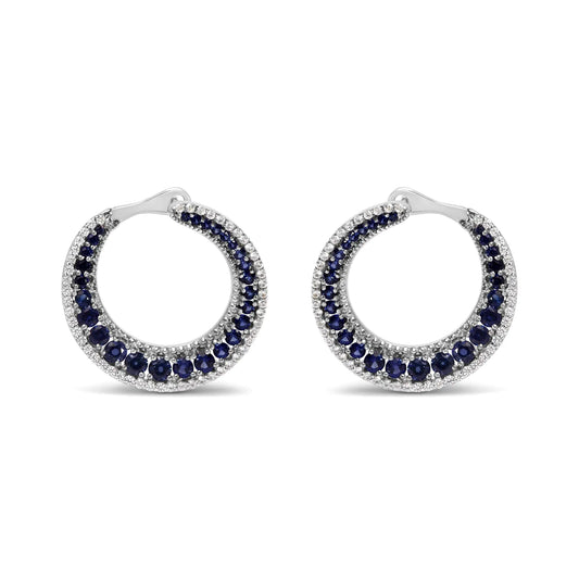 .925 Sterling Silver 2 3/4 Cttw Created Blue Sapphire Crescent Moon Disc Style Hoop Earrings - AAA Quality