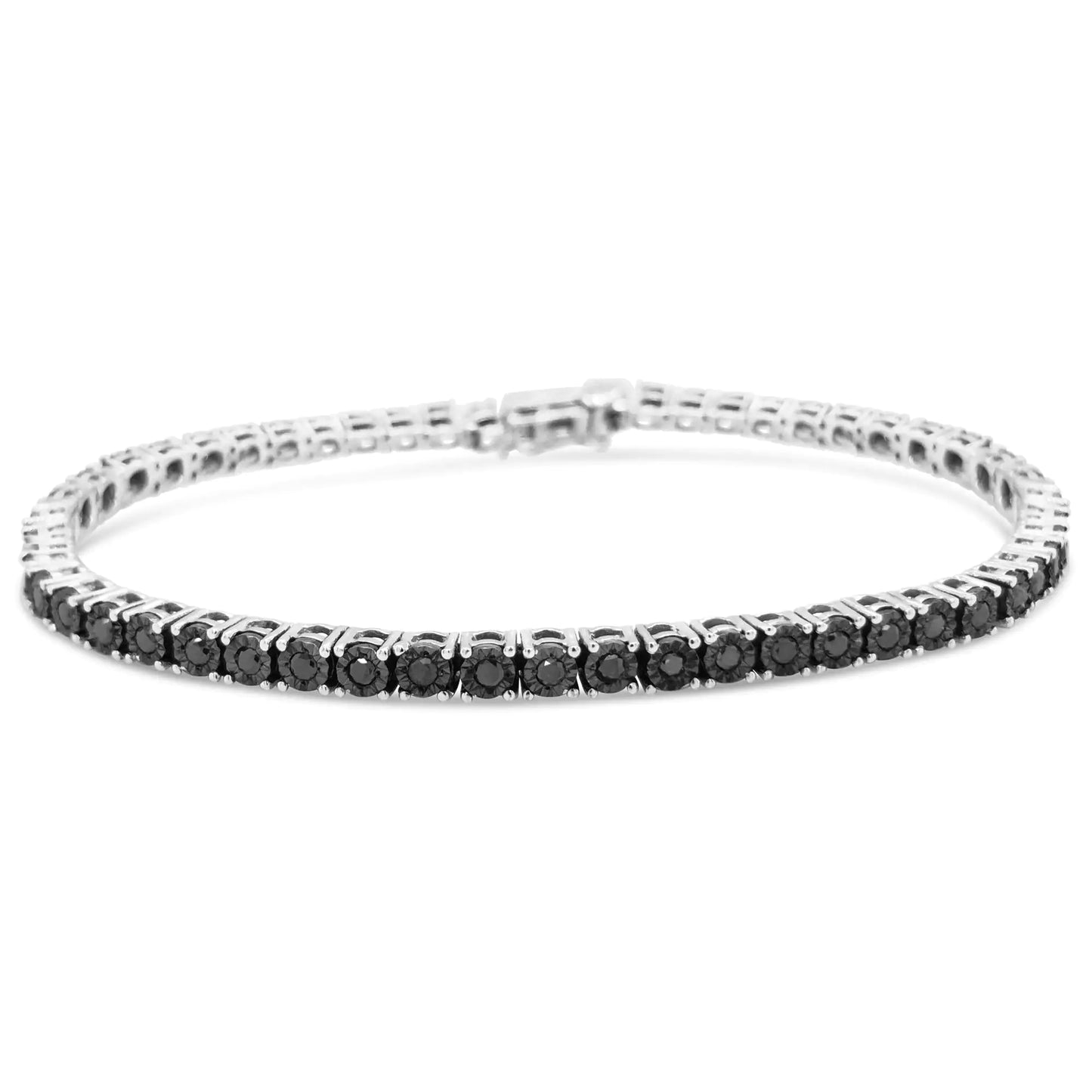 .925 Sterling Silver 1.0 Cttw Miracle-Set Treated Black Diamond Round Miracle Plate Tennis Bracelet (Black Color, I3 Clarity) - 7.25"