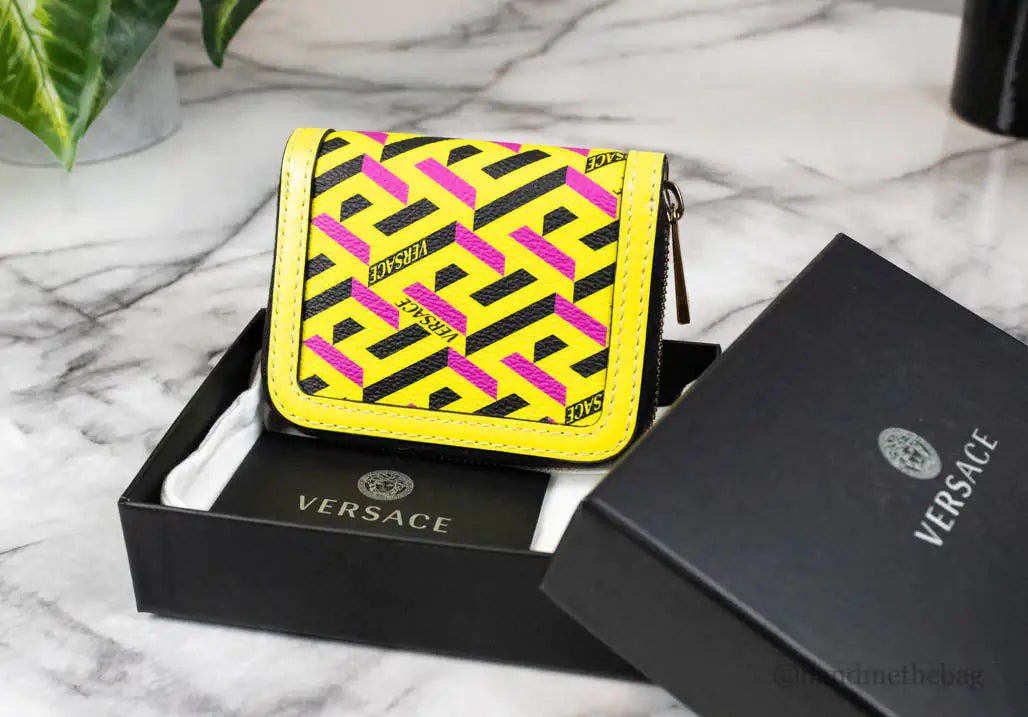 Versace La Greca Yellow Zip Coin Pouch Wallet