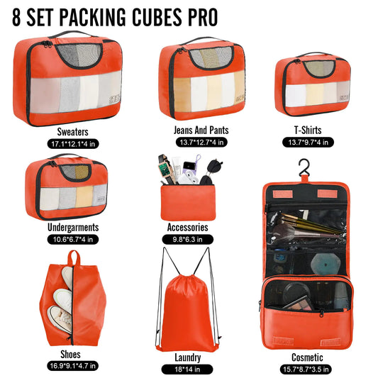 Veken 8 Set Packing Cubes for Suitcases, Travel Bag Organizers for Carry on Luggage, Suitcase Organizer Bags Set for Travel Essentials Travel Accessories in 4 Sizes(Extra Large, Large, Medium, Small) Orange 8 Pack